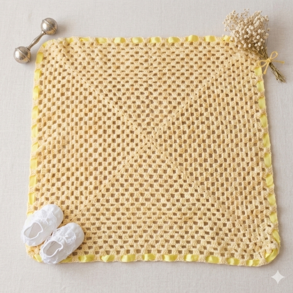 Handmade‎ 31x31 Vintage Heirloom Crochet Baby Blanket Buttercream Yellow Ribbon